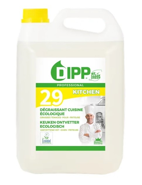 Ontdek de DIPP N°29 Keuken Ontvetter Eco 5LT-2905, een krachtige en ecologische multi-ontvetter. Ideaal voor het verwijderen van vetten, oliën en vuil in de keuken. Geschikt voor ovens, dampkappen, friteuses en meer. Gecontroleerd door Ecolabel voor milieuvriendelijkheid. - Vermeulen